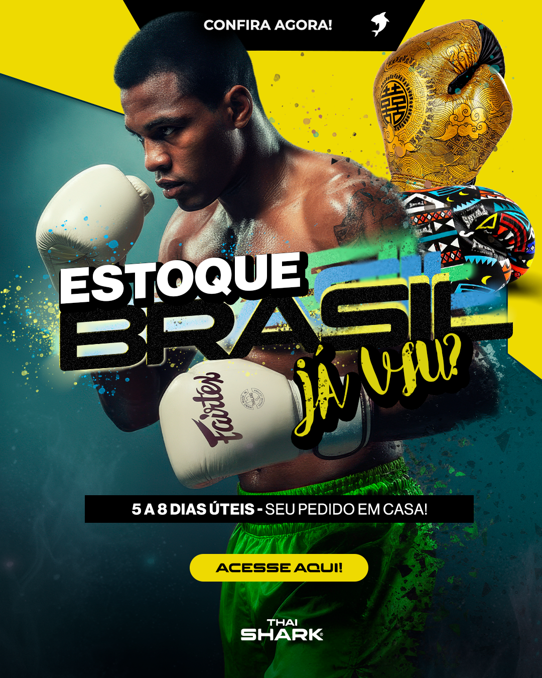 Estoque Brasil Thai Shark: entrega rapida, zero taxas de importaçao e os best-sellers de Muay Thai a pronta entrega
