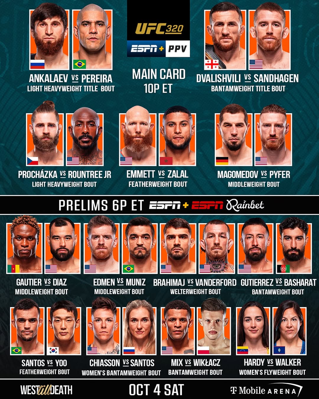 UFC 320 (amanha): Ankalaev x Pereira 2, Merab x Sandhagen e Prochazka x Rountree — card completo, horarios BR/US, onde assistir e chaves taticas